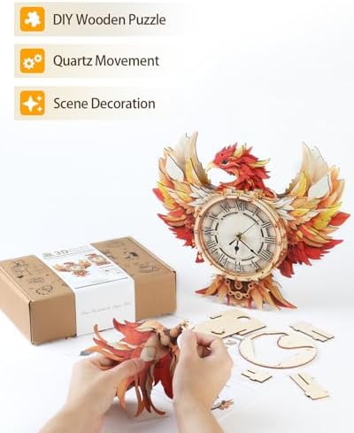 3D Puzzles for Adults-Wooden Phoniex Clock Puzzle DIY Clock Model Kit - Image 3