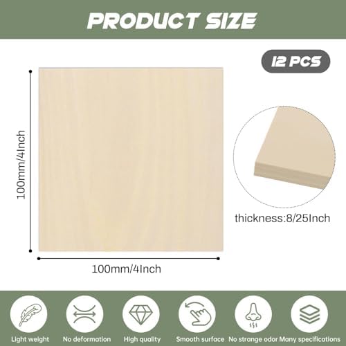 12 Pack Plywood Sheets, 4" x 4"x 8/25" Basswood Sheets - Image 2