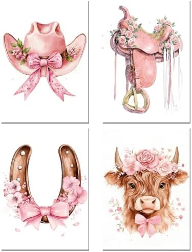 sdfkmlcdl Pink Western Cowgirl Diamond Art Kits for Adults, Girly Coquette Pink Bow Floral Highland Cow Full Drill Diamond Painting Kits for Adults Beginners 4 Pack, 12x16 Inch by Unknown