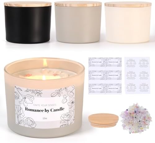 REISEN 6 Pcs 12oz Black & White Glass Candle Jars with Lids & Crystal Rocks by Reisen
