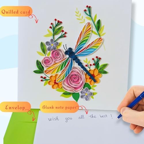Quilling Cards, handmade card, quilled cards with Dedicated Paper, quilling birthday cards for women or all occasions: Mother's day, Greeting card, Birthday... daisy bouquet (Flowers with dragonfly) - Image 5