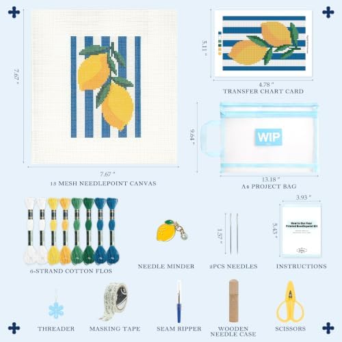 Kaitiaki 13 mesh Needlepoint Canvas Kit, 8 in Painted Canvas Set with Embroidery Floss, Needles, Guide Card, Instruction, Threader, Scissors & Project Bag for Crafter Gift(Lemon) - Image 2