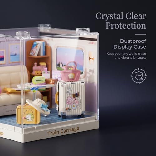 Train Carriage Miniature House Kit, Plastic DIY Dollhouse with Cozy Sofa & Travel Gear, Stackable Transparent Dust Cover, Creative Desktop Decor for Adults Teens - Image 4