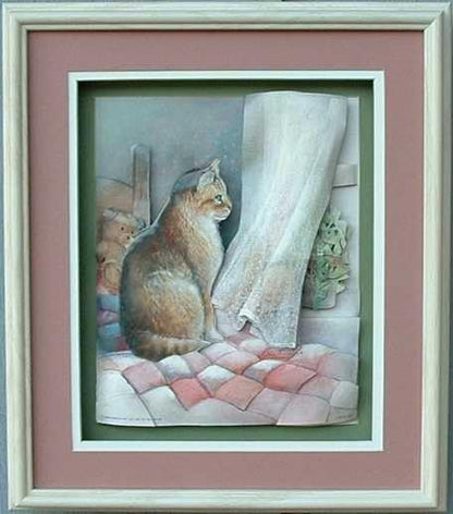 DSC Cat on Pink Quilt at The Window Paper Tole 3D Decoupage Craft Kit Size 8x10 inches 51139 (The Additional Pictures Show This Craft Kit Assembled and Framed in a Shadow Box Frame) - Image 4