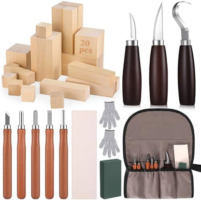 Wood Carving Kit 32 Pcs Wood Carving Tools Includes 20 Pcs Whittling Basswood Blocks 4 Different Sizes with 12 Pcs Whittling Knives kit for Woodworking Beginners Adults Hobby DIY Art Craft by Czlotyh