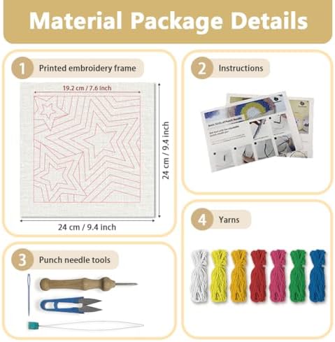 Doodlream Colorful Stars DIY Punch Needle Embroidery Kit for Adult Beginner, 9.4" Stars Punch Stitching Craft Set for Starter with Frame,Fabric Pattern,Threader, Yarn, Pinch Needle - Image 2