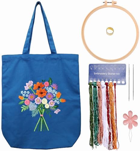 CREAWONDER Canvas Tote Bag Embroidery Kit with Pattern for Beginners, Arts and DIY Embroidery Crafts Kits for Adults, Include Instructions, Thimble, Embroidery Hoops, Color Threads and Tool by Unknown