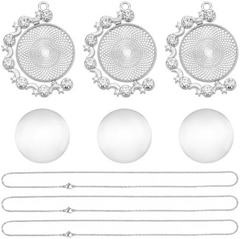 24Pcs 6 Sets Cabochon Necklace Kit Round Bezel Pendant Trays with Glass Cabochons Chain Double Sided Rhinestone Rotatable Charm for Jewelry Making Supplies DIY Necklace Birthday Gift Adults - Image 7