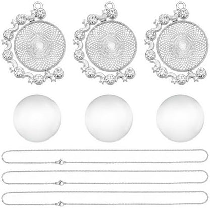 24Pcs 6 Sets Cabochon Necklace Kit Round Bezel Pendant Trays with Glass Cabochons Chain Double Sided Rhinestone Rotatable Charm for Jewelry Making Supplies DIY Necklace Birthday Gift Adults - Image 7