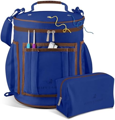 Hearth & Harbor Crochet Bag Organizer – Durable Knitting Bag, Yarn Organizer for Accessories and Supplies, Canvas Yarn Holder, Crochet Carrying Case with Accessories Pouch, Storage Organizer – Blue by HearthHarbor