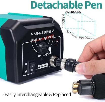 YIHUA 939-II Wood Burning Kit Station Pyrography Pen 250~750℃/482~1382℉ Temperature Adjustable with 20 Wire Nibs, 1 Stable Pen Holder, 2 Stencils, 2 Scrap Wood, 1 S/S Tweezers, and 1 Pliers (Green) - Image 6