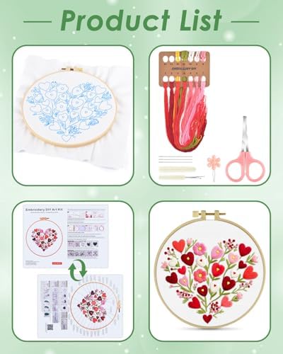 ERKOON Embroidery Kit for Beginners Adult, Flower Cross Stitch Set Include Embroidery Cloth Hoops Threads for Craft Lover Hand Stitch with Embroidery Skill Techniques (Heart) - Image 2