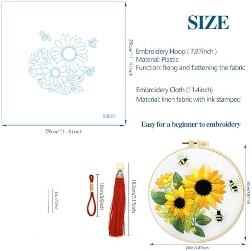 Zhenqing Sunflower Embroidery Kit 3 Designs | 11.4"x11.4" Beginner-Friendly Hand Embroidery Set with Hoop & DMC Threads | DIY Home Wall Decor, Mindful Gift for Mothers Day C0005 - Image 3