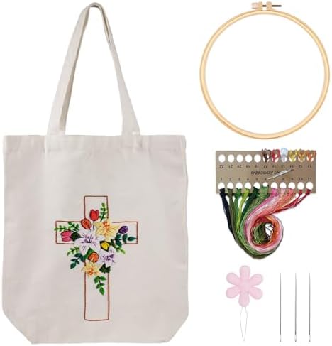 Louise Maelys Cross Floral Embroidery Kit for Beginners Canvas Tote Bag by LouiseMaelys