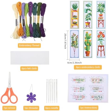 ORIGACH 6 Set Green Plants Cross Stitch Bookmark Kit for Beginner with Backing Felt Floss Instructions DIY Stamped Embroidery Bookmark Kit for Adults, Book Lovers - Image 2