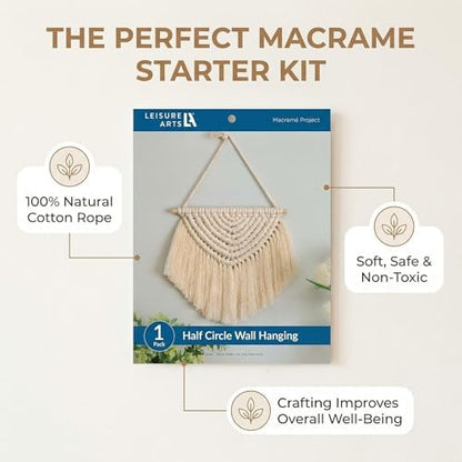 LEISURE ARTS Macrame Half Circle Wall Hanging Kit, Beginner Macrame Kit with Wooden Dowel Cord and Instructions, Diagonal Half Stitch Lark Head Knots, Natural Finish Fringe Tassel - Image 2
