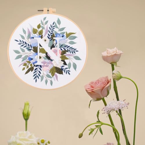 IUHUI Embroidery Kit for Beginners Adults - 26 Floral Letters Easy Patterns, DIY Hand Stitching Embroidery Set with Hoop (Flower and Grass Letter N) - Image 2