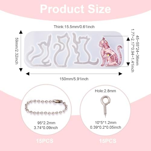 1Pcs Cat Shape Silicone Molds Cute Cat Kitten Keychain Resin Molds Pet Kitten Cabochons Silicone Mold with 15pcs Bails and 15pcs Jump Rings for DIY Earrings Keychain Jewelry Making Supplies - Image 2