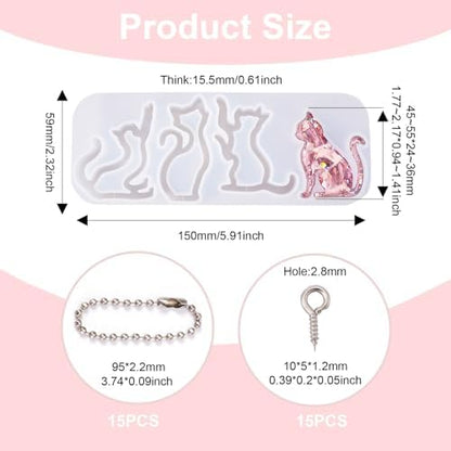 1Pcs Cat Shape Silicone Molds Cute Cat Kitten Keychain Resin Molds Pet Kitten Cabochons Silicone Mold with 15pcs Bails and 15pcs Jump Rings for DIY Earrings Keychain Jewelry Making Supplies - Image 2