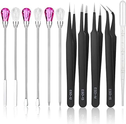 11 Pcs Silicone Resin Mold Tools Set Stirring Needle Spoon Tool Tweezers Precision Kit, Anti-Static Electronics Tweezers Set for Resin Art Crafts,Jewelry Making(Rose Red+White) by ColoryourlifewithMSDADA