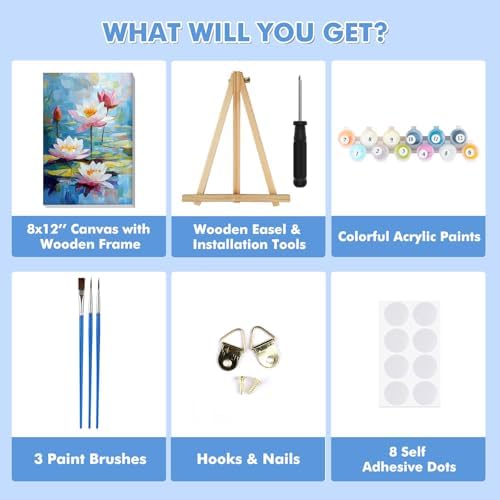 Bowetile Framed Paint by Numbers for Adults Beginners with Wooden Easel, Flowers Lotus Adults' Paint-by-Number Kits on Canvas, Easy DIY Acrylic Number Painting for Home Decor Birthday Gifts, 8x12in - Image 6