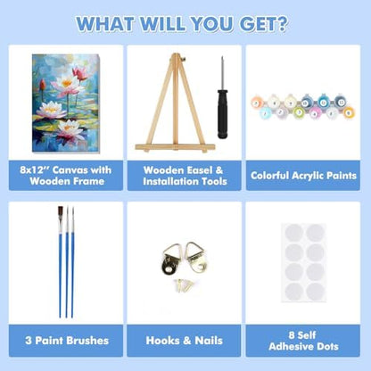 Bowetile Framed Paint by Numbers for Adults Beginners with Wooden Easel, Flowers Lotus Adults' Paint-by-Number Kits on Canvas, Easy DIY Acrylic Number Painting for Home Decor Birthday Gifts, 8x12in - Image 6