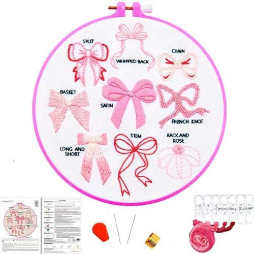 Pink Bowknot Embroidery Kits for Beginners Adults, Cute Hand Embroidery Starter Kits, Counted Cross Stitch Kits for Beginners DIY Craft Kits for Adults Women, Embroidery Hoops, Thread & Video Tutorial by Unknown