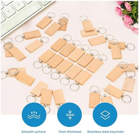 OMTech Wooden Keychain Blanks, Wood Key Chain Bulk, Unfinished Wooden Key Rings Key Tags for Laser Engraving DIY Craft Gift - Image 3