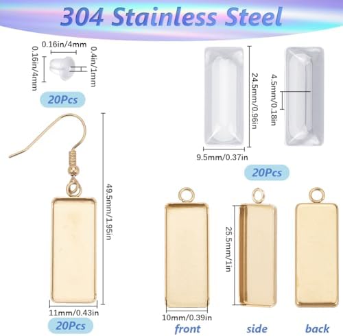 1 Box 60Pcs 20 Sets Gold Bezel Earring Blanks Earrings Wire Hooks Blanks Bezel Trays with 20Pcs 10x25mm Rectangle Glass Cabochon Settings Silicone Earring Backs for Jewelry Making DIY Dangle - Image 2