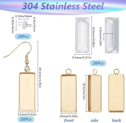 1 Box 60Pcs 20 Sets Gold Bezel Earring Blanks Earrings Wire Hooks Blanks Bezel Trays with 20Pcs 10x25mm Rectangle Glass Cabochon Settings Silicone Earring Backs for Jewelry Making DIY Dangle - Image 2