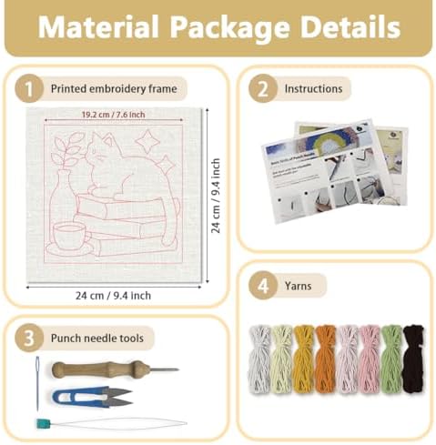 Doodlream Cat on Books Needle Kit for Beginner, 9.4"x 9.4" Coffee and Plant Punch Stitching Craft Set, Color DIY Embroidery Starter with Printed Frame, Instruction, Threader, Yarn, Pinch Needle - Image 2
