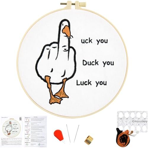 Middle Finger Duck Embroidery Kits for Beginners Adults, Funny Embroidery Starter Kits, Counted Cross Stitch Kits for Beginners DIY Craft Kits for Adult Women, Embroidery Hoop, Thread & Video Tutorial by Unknown