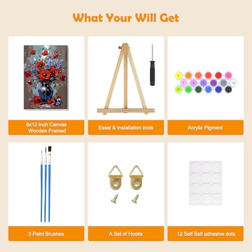 MOGTAA Flowers in Vase Paint by Numbers Kit for Adults Beginners with Frame, Landscape Adult Paint by Number Kits on Canvas with Easel, Easy DIY Oil Painting Kits for Home Decor, 8x12in - Image 5