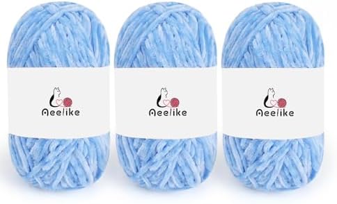 Aeelike 3 Pack Chenille Yarn,Soft Polyester,Each 100g/10.5oz 197yds,SkyBlue by Aeelikescrochetworld