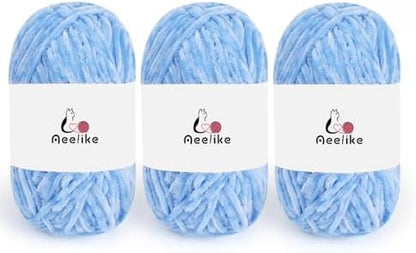 Aeelike 3 Pack Chenille Yarn,Soft Polyester,Each 100g/10.5oz 197yds,SkyBlue by Aeelikescrochetworld