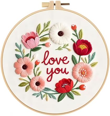 JJFox Embroidery Kit for Beginners and Adults, DIY Hand Embroidery Starter Kit with Cute Pattern, Cross Stitch Needlepoint Set with Hoop, Threads and Instructions (Love You) by JJFox