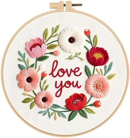 JJFox Embroidery Kit for Beginners and Adults, DIY Hand Embroidery Starter Kit with Cute Pattern, Cross Stitch Needlepoint Set with Hoop, Threads and Instructions (Love You) by JJFox