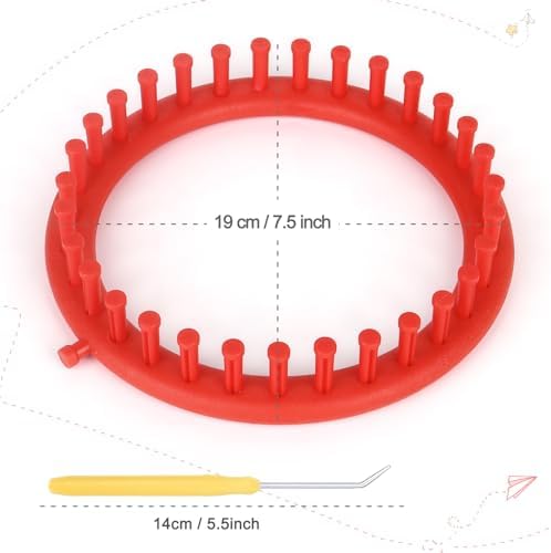 Katech Round Knitting Looms Set 19 cm Diameter Red Plastic Weaving Looms Scarf Hats Making Tools DIY Crocheting Handmade Craft Kit with a Crochet Hook and Needle for Knitting Lovers (Red) - Image 2