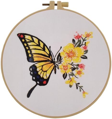Esffaci Embroidery Starter Kit for Adult Beginner with Butterfly Flower Pattern Hand Embroidery Set with Cloth Hoop Needle Threader Floss and Instruction by Esffaci