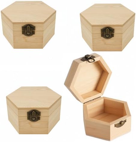 4 Pieces Hexagon-Shaped Unfinished Wooden Box with Lid, Natural Pine Wood Geometric DIY Craft Storage Box for Jewelry, Gift, Keepsake & Home Decor, Unpainted Wooden Organizer, 5.1x4.4x2.8 Inch by AmiTodfo