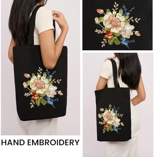 CREAWONDER Canvas Tote Bag Embroidery Kit with Pattern for Beginners, Arts and DIY Embroidery Crafts Kits for Adults, Include Instructions, Embroidery Hoops, Color Threads and Tool - Image 2