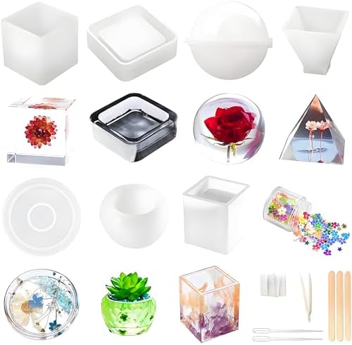 Resin Molds Silicone Kit 20Pcs,Epoxy Resin Molds Including Sphere,Cube,Pyramid,Square,Round, Used for Create Art,DIY,Coasters,Candles.Bonus Decorative Sequins and The Complete Set(20PCS Resin molds) by Loyohep