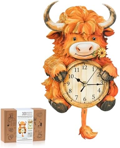 3D Puzzles for Adults-Wooden Highland Cow Clock Puzzle DIY Clock Model Kit by RnfinewowWoodenPuzzles