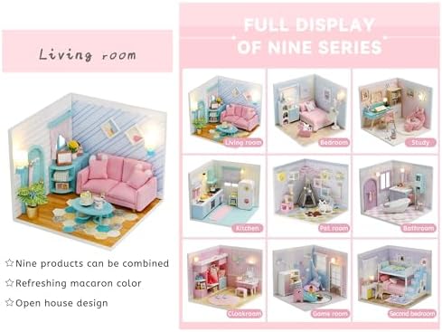 Kisoy Dollhouse Miniature with Furniture Kit, DIY 3D Wooden DIY House Kit A Corner of a Small Apartment Style with Dust Cover & LED, Handmade Tiny House Toys for Adults and Teens Gift（Living Room） - Image 3