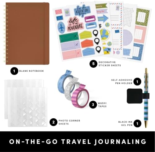 PAPERAGE Travel Journal Kit, Travel Notebook & Scrapbook Set, Hardcover Blank Spiral Notebook, 5 Sticker Sheets, 2 Photo Corners, 3 Washi Tapes & Black-Ink Gel Pen with Pen Holder - Cognac - Image 2