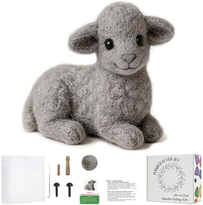 DIY Needle Felting Kit Cute Gray Lamb Lying – Needle Felting Starter Kit with Fiber Roving, Needles, Felting Pad & Instructions | Felted Farm Animal Kit for Beginners Adults | DIY Craft Gift by FaceNFace