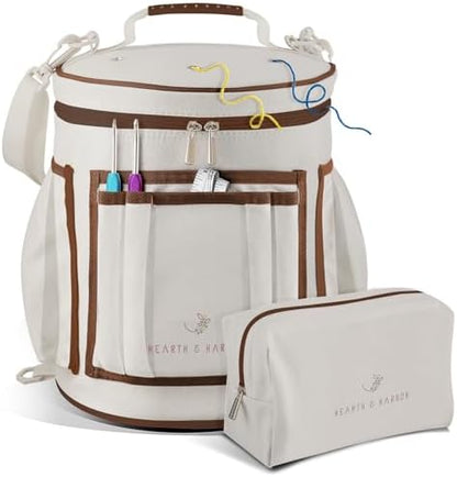 Hearth & Harbor Crochet Bag Organizer – Durable Knitting Bag, Yarn Organizer for Accessories and Supplies, Canvas Yarn Holder, Crochet Carrying Case with Accessories Pouch, Storage Organizer–Warm Gray by HearthHarbor