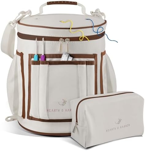 Hearth & Harbor Crochet Bag Organizer – Durable Knitting Bag, Yarn Organizer for Accessories and Supplies, Canvas Yarn Holder, Crochet Carrying Case with Accessories Pouch, Storage Organizer–Warm Gray by HearthHarbor