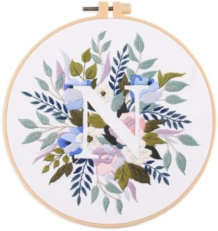 IUHUI Embroidery Kit for Beginners Adults - 26 Floral Letters Easy Patterns, DIY Hand Stitching Embroidery Set with Hoop (Flower and Grass Letter N) by Unknown