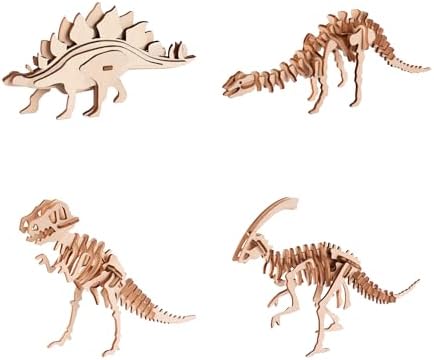 3D Wooden Puzzles for Kids Ages 8+, 4 Pack Dinosaur Puzzles, FSC-Certified Wood, Plastic-Free, STEM Kit for Kids Teens Adults, Wood Craft Model Kit, Individually Wrapped Party Favors - Jurassic Frens by SmolFrens